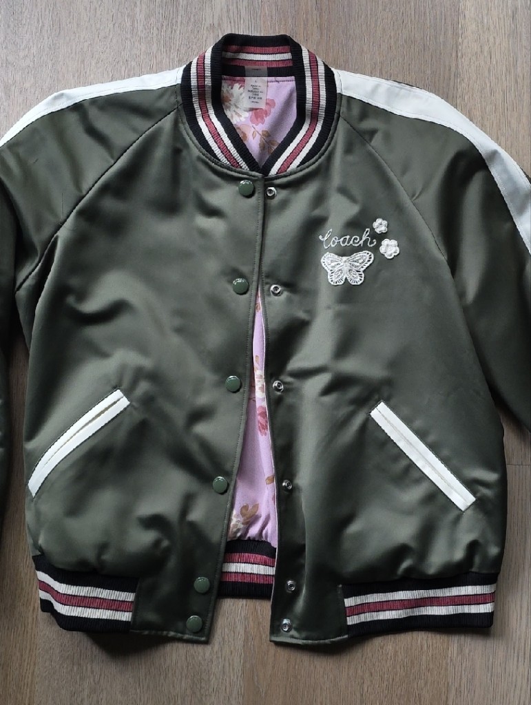 Coach Reversible Olive Green Satin Bomber Jacket With White Trim - Authentic